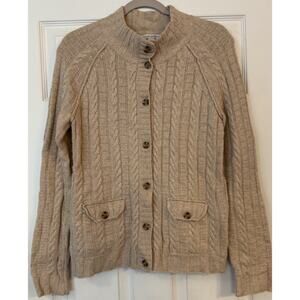 Banana Republic Cardigan Sweater Sz Med Cashmere Blend Tan Cable Knit Mock Neck